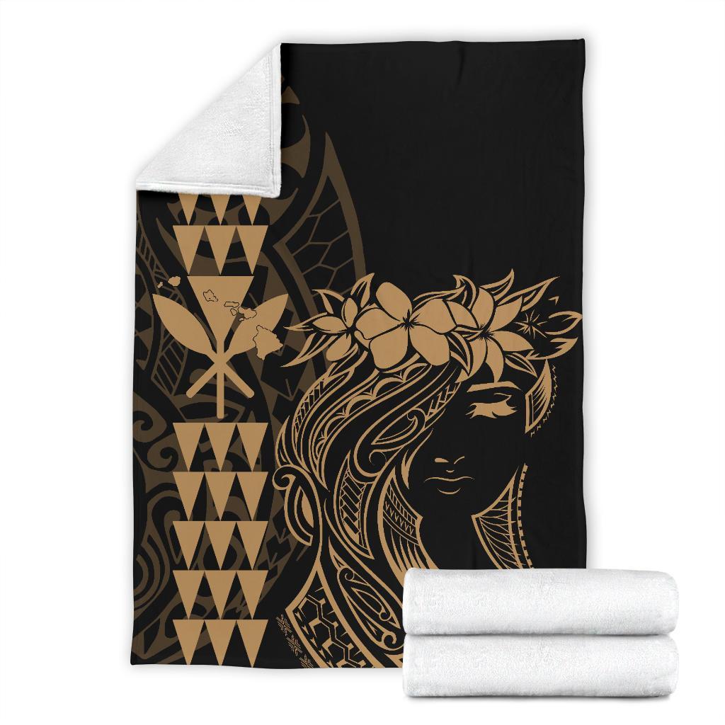 Hawaii Map Kanaka Polynesian Hula Girl Premium Blanket - Gold - Polynesian Pride