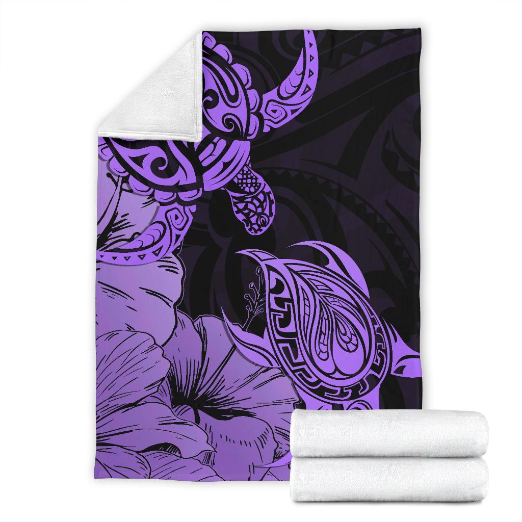 Hawaii Turtle Premium Blanket Polynesian Hibiscus Art Violet AH White - Polynesian Pride