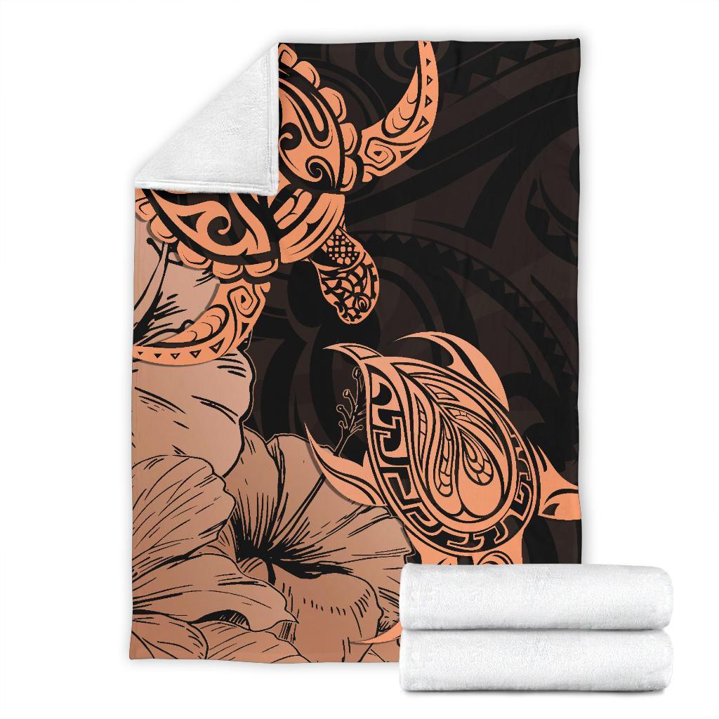 Hawaii Turtle Premium Blanket Polynesian Hibiscus Art Orange AH White - Polynesian Pride