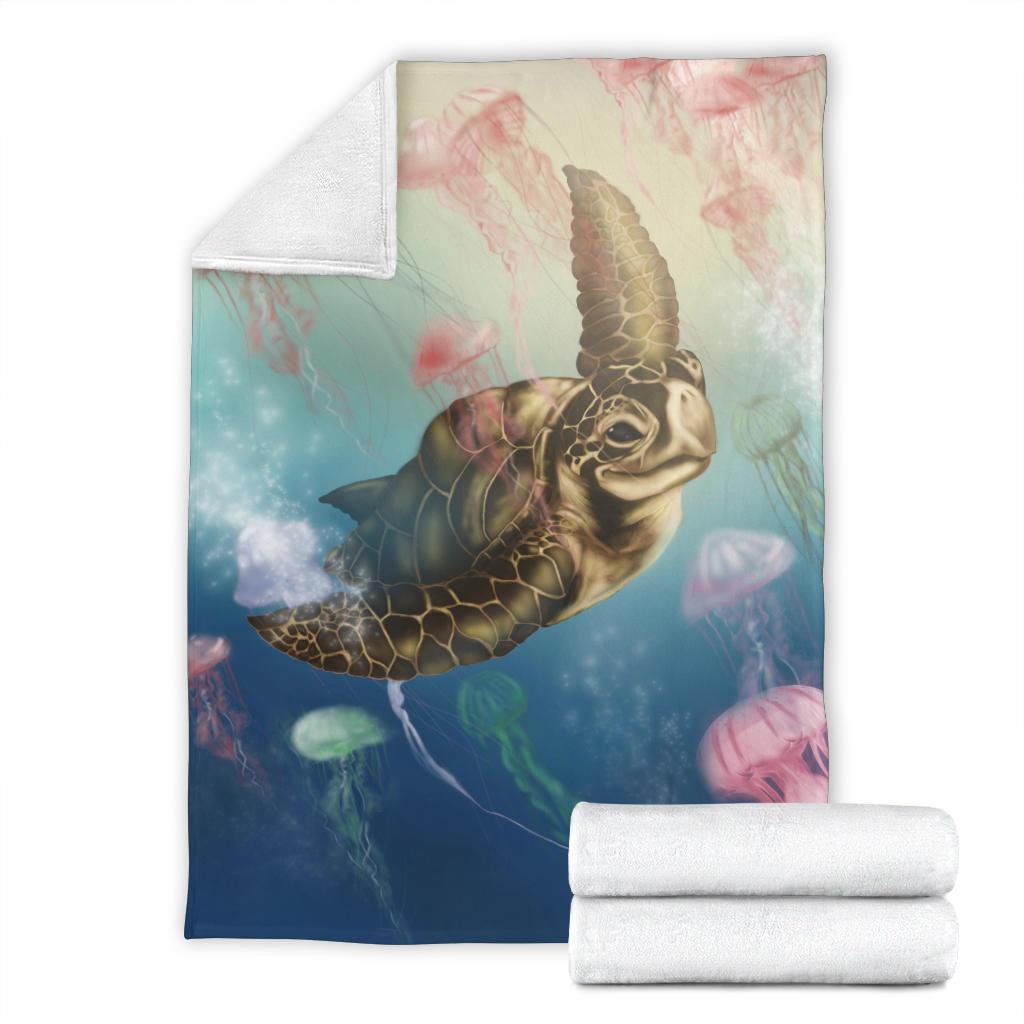 Hawaii Turtle And Jellyfish In Deep Sea Moana Premium Blanket White - Polynesian Pride