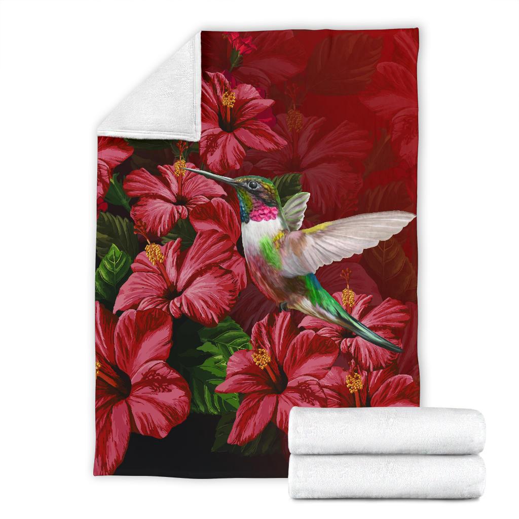 Hawaii Red Hibiscus Humming Bird Premium Blanket White - Polynesian Pride