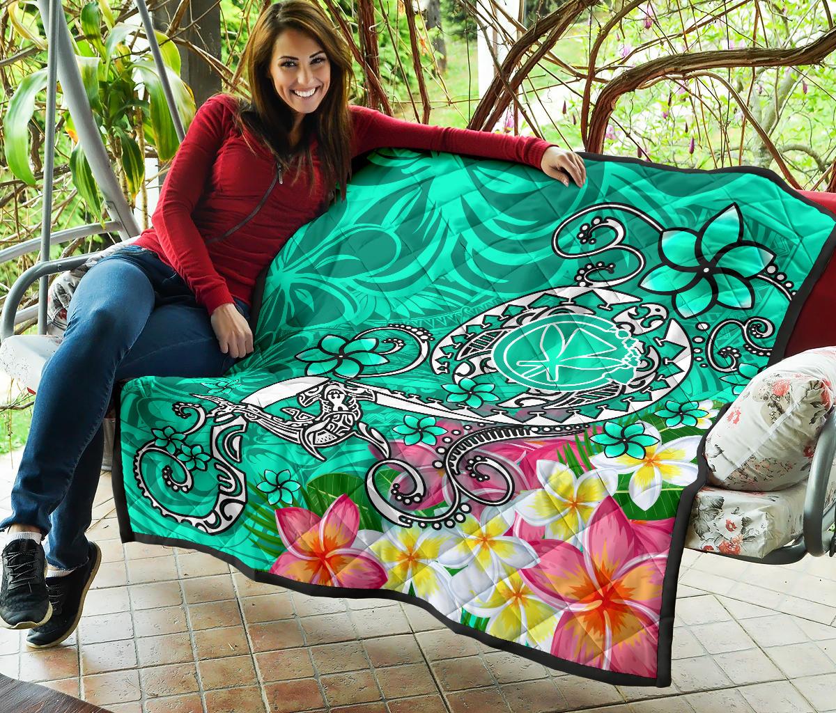 Hawaii Premium Quilt - Turtle Plumeria Polynesian Tattoo Turquoise Color - Polynesian Pride