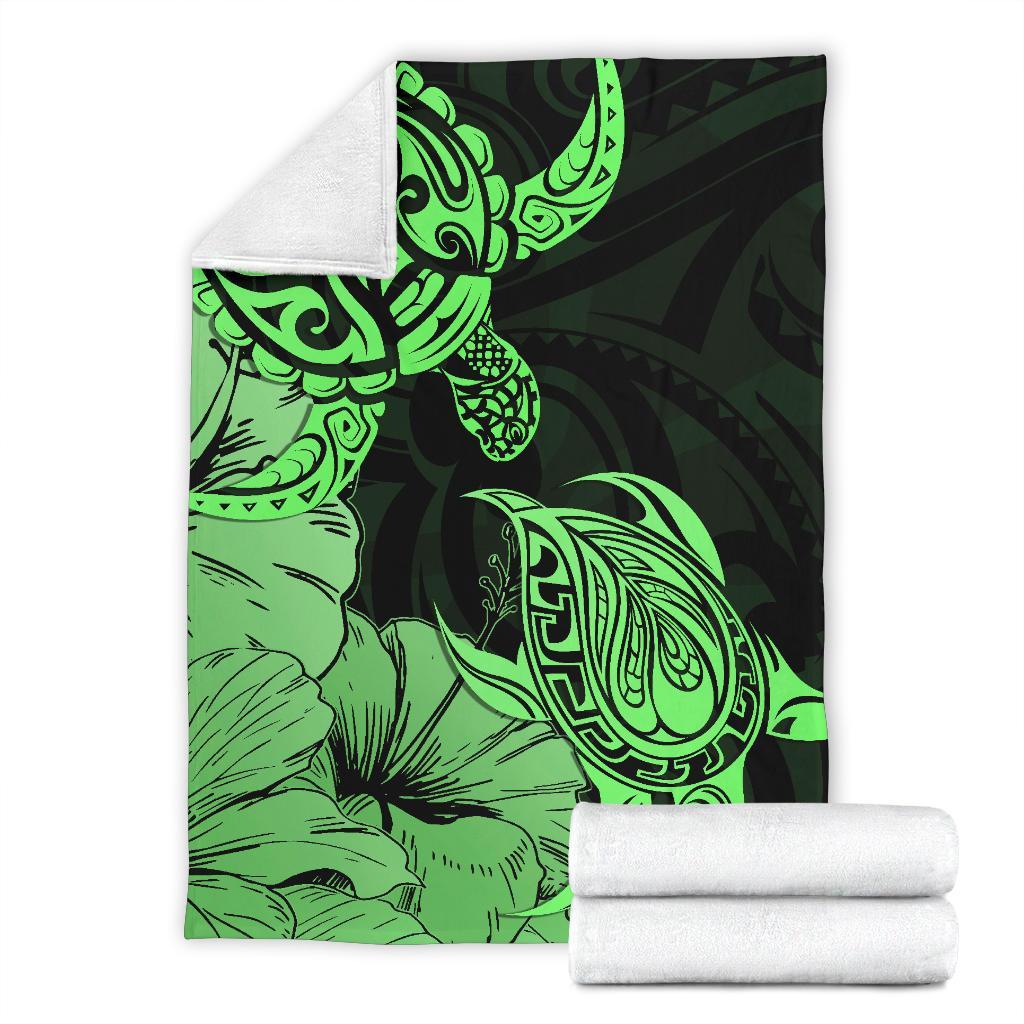 Hawaii Turtle Premium Blanket Polynesian Hibiscus Art Green AH White - Polynesian Pride