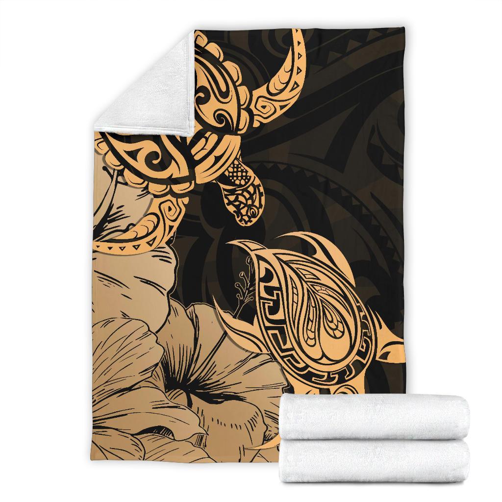 Hawaii Turtle Premium Blanket Polynesian Hibiscus Art Gold AH White - Polynesian Pride