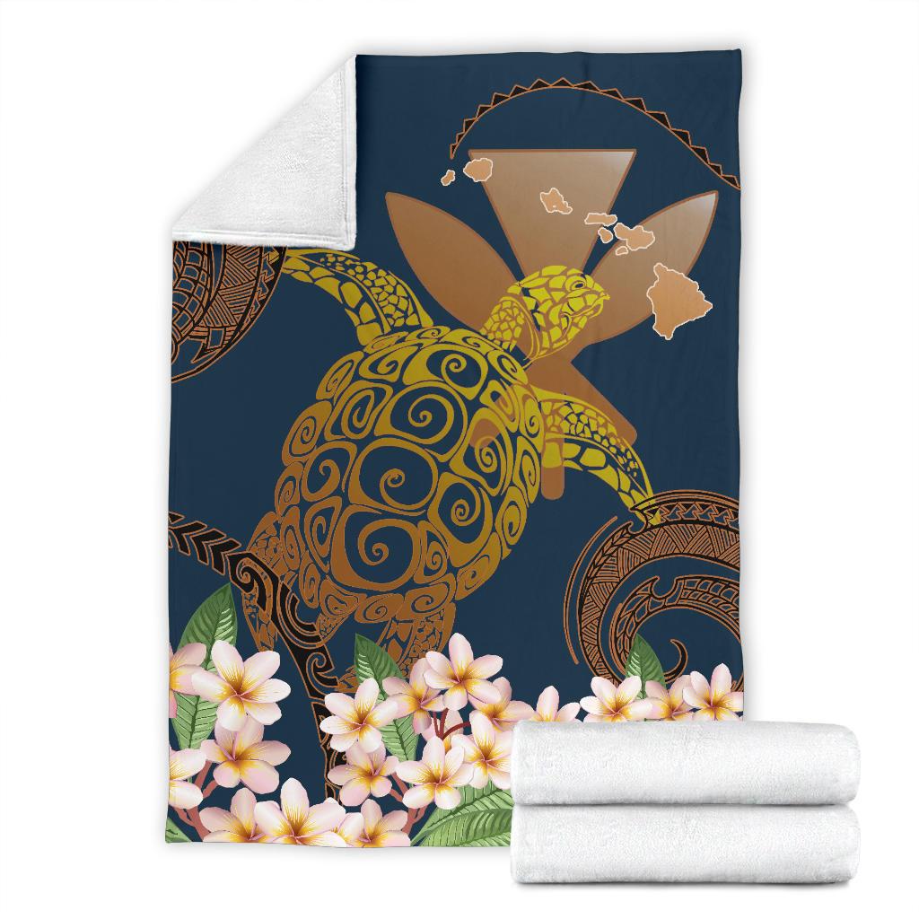 Hawaii Turtle Plumeria Polynesian Kanaka Map - Blue Style - Premium Blanket AH White - Polynesian Pride