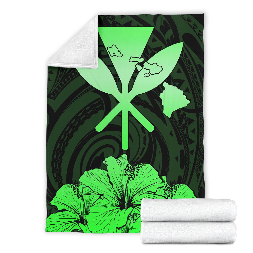 Hawaiian Kanaka Premium Blanket Hibiscus Polynesian Love Green White - Polynesian Pride