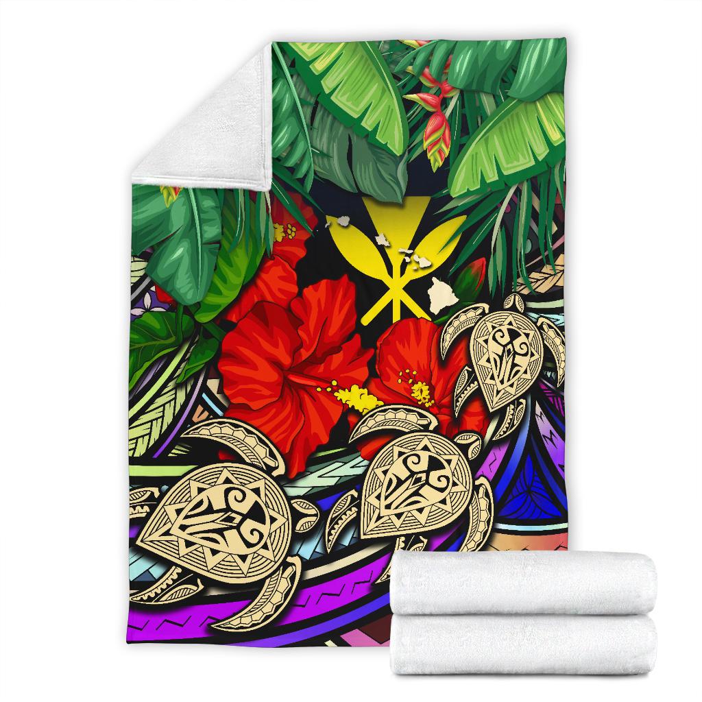 Kanaka Maoli (Hawaiian) Premium Blanket - Polynesian Turtle Colorful And Hibiscus White - Polynesian Pride