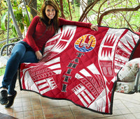 Tahiti Premium Quilt - Tahiti Flag Polynesian White Tattoo (Red) - Polynesian Pride