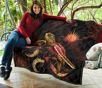 Marshall Islands Polynesian Premium Quilt - Turtle With Blooming Hibiscus Gold - Polynesian Pride