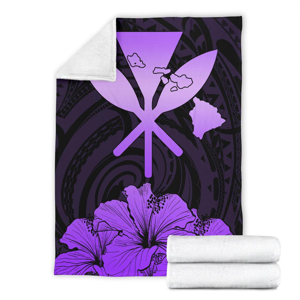 Hawaiian Kanaka Premium Blanket Hibiscus Polynesian Love Violet White - Polynesian Pride