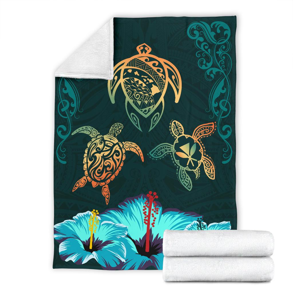 Hawaii Map Turtle Hibiscus Polynesian Luxury Premium Blanket - Honu Ohana White - Polynesian Pride