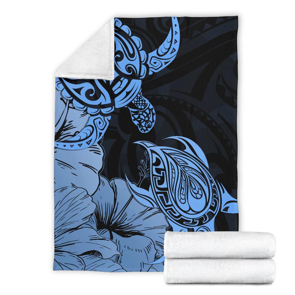 Hawaii Turtle Premium Blanket Polynesian Hibiscus Art Blue AH White - Polynesian Pride