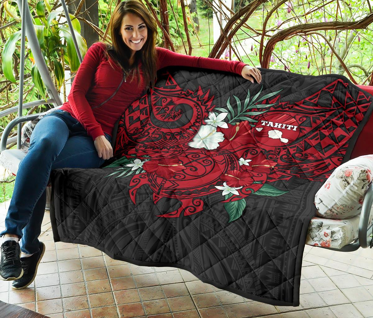 Tahiti Polynesian Premium Quilt - Hibiscus and Sea Turtle (Red) - Polynesian Pride