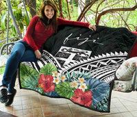 Fiji Premium Quilt - Fiji Coat of Arms & Polynesian Tropical Flowers White - Polynesian Pride