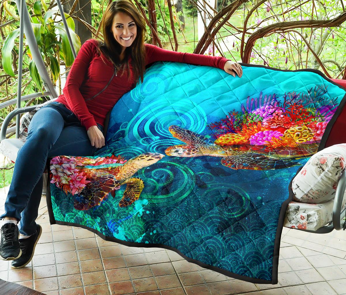 Hawaii Polynesian Premium Quilt - Sea Turtle Coral Treasure - Polynesian Pride