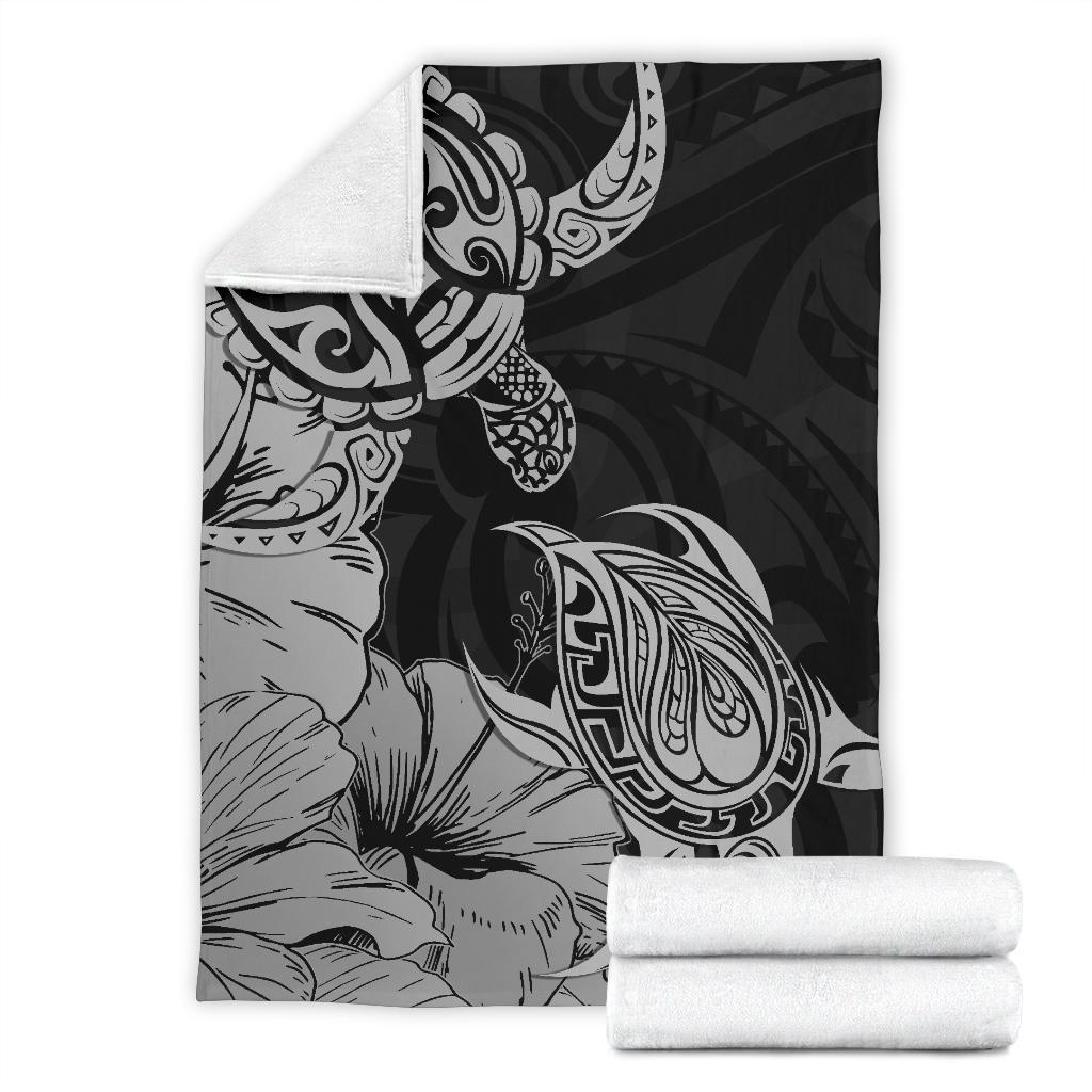 Hawaii Turtle Premium Blanket Polynesian Hibiscus Art Gray AH White - Polynesian Pride