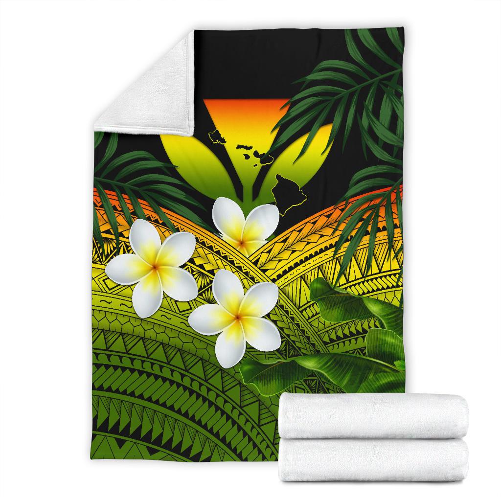 Kanaka Maoli (Hawaiian) Premium Blanket, Polynesian Plumeria Banana Leaves Reggae White - Polynesian Pride