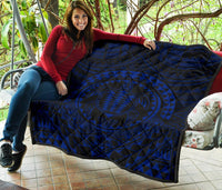 Hawaiian Kakau Honu Arc Blue Polynesian Premium Quilt - Polynesian Pride
