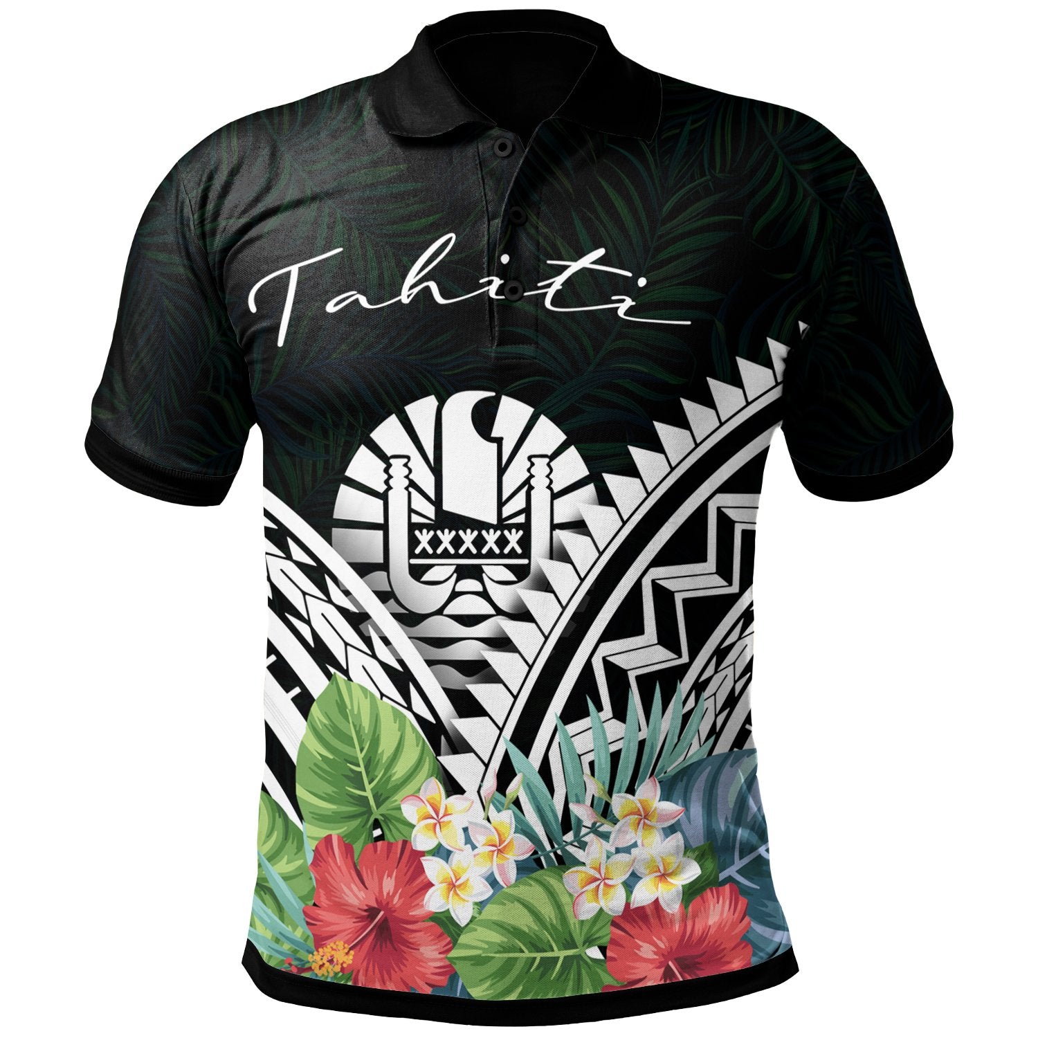 Tahiti Polo Shirt Tahitian Coat of Arms and Polynesian Tropical Flowers White Unisex White - Polynesian Pride