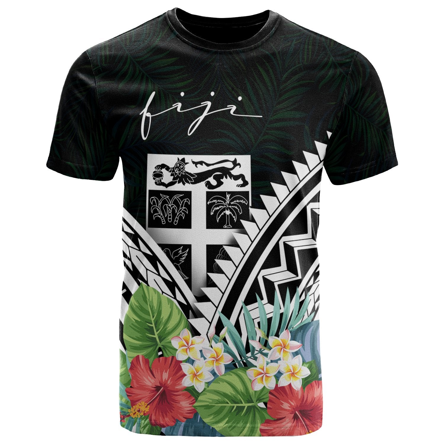 Fiji Polynesian T Shirt Fijian Coat of Arms & Polynesian Tropical Flowers White Unisex Art - Polynesian Pride