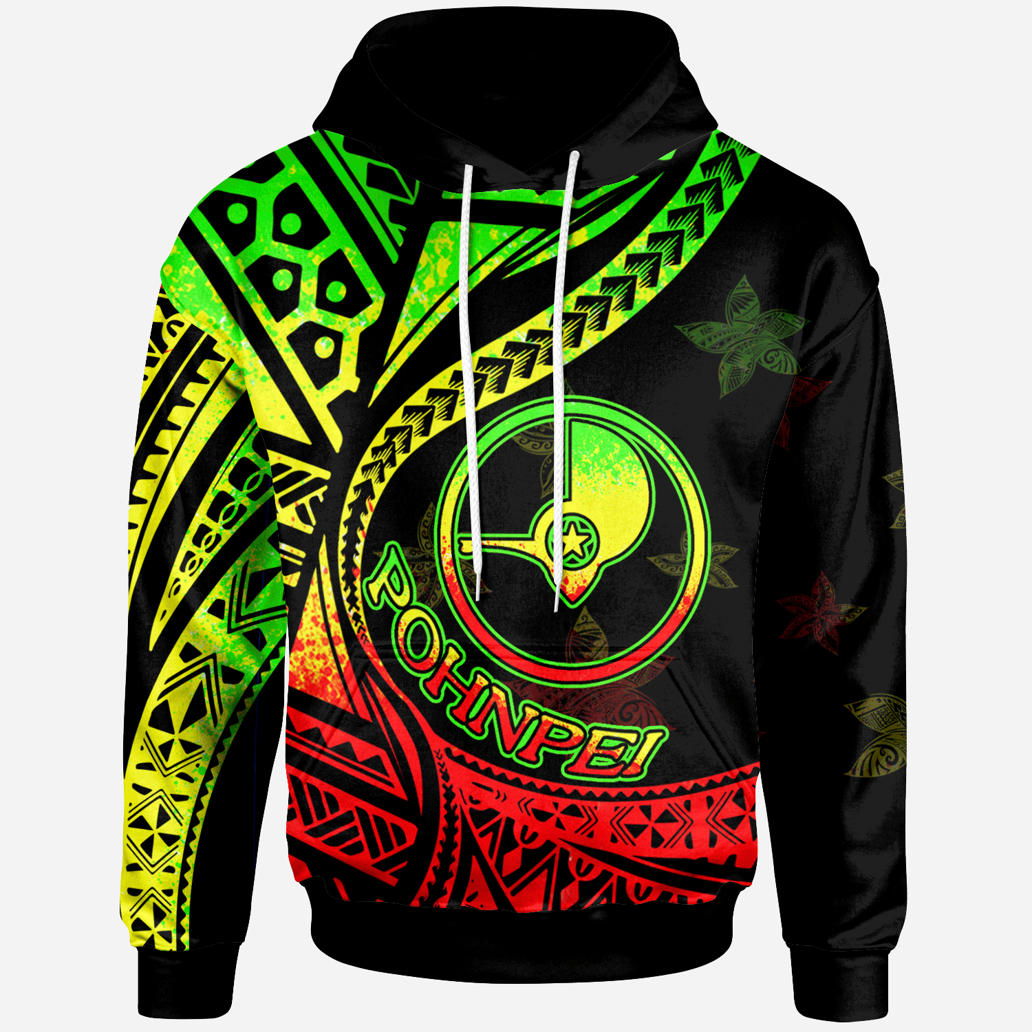 Pohnpei Hoodie Plumeria Flowers Raggage Version Unisex Black - Polynesian Pride