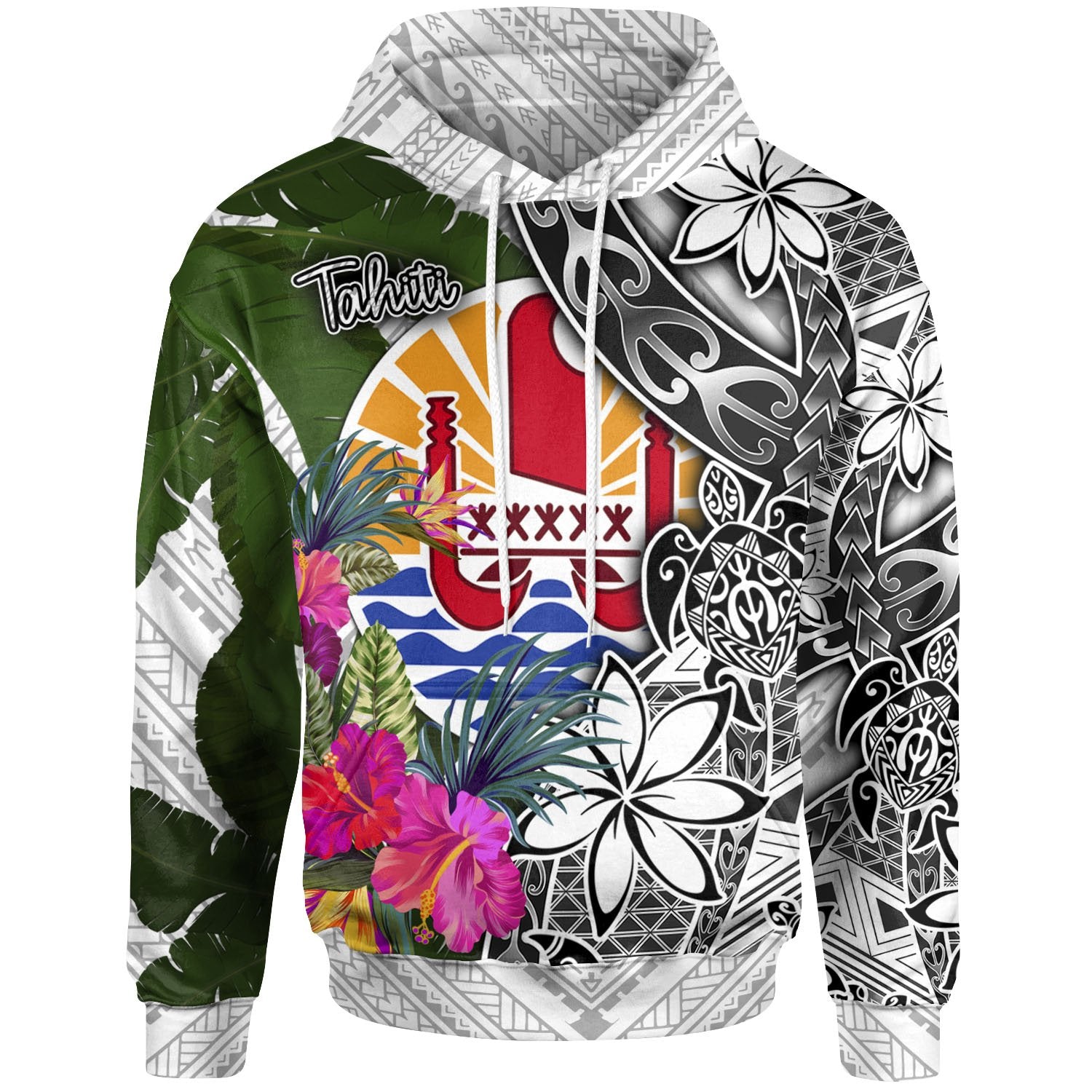 Tahiti Hoodie White Turtle Plumeria Banana Leaf Unisex White - Polynesian Pride