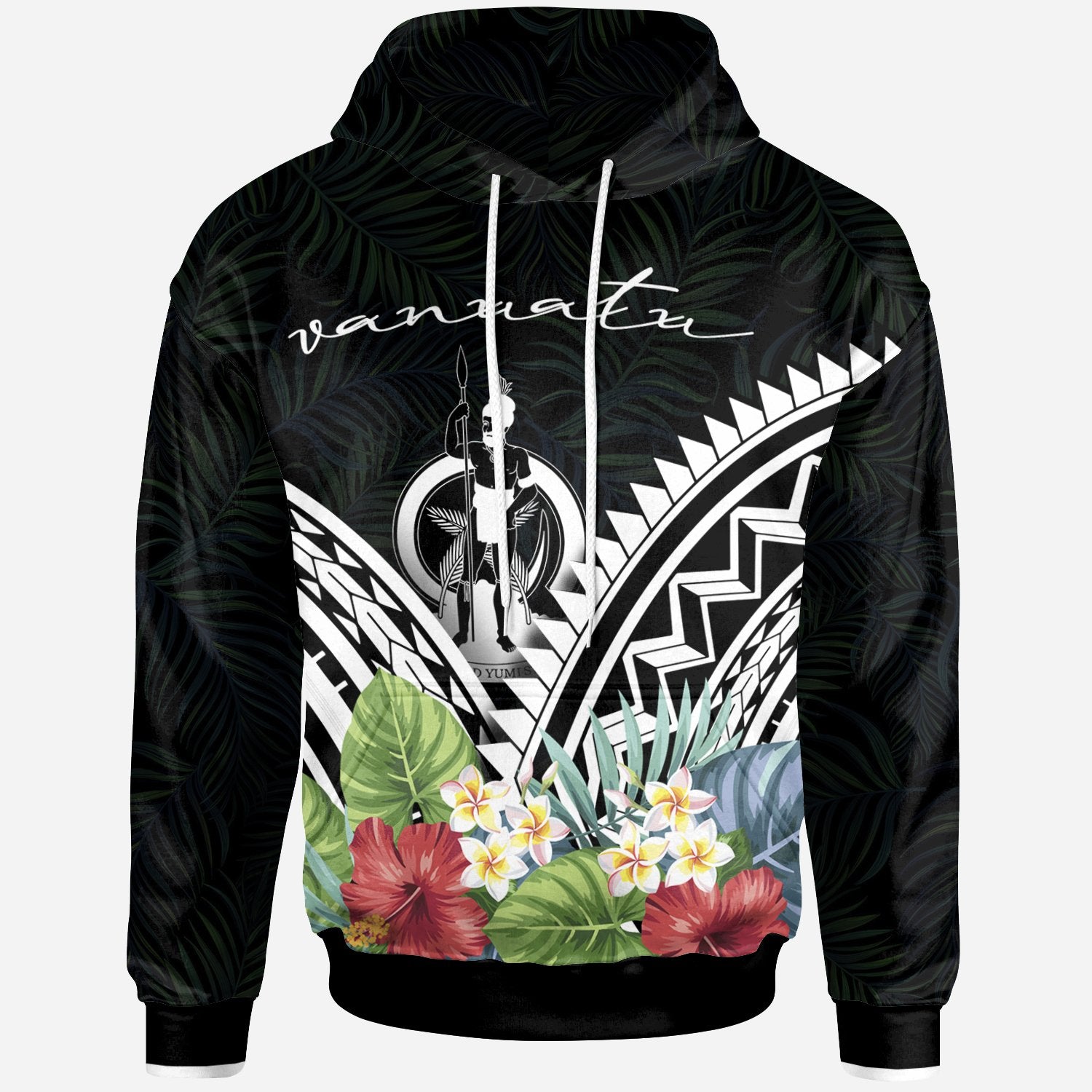 Vanuatu Hoodie Vanuatu Coat of Arms & Polynesian Tropical Flowers White Unisex White - Polynesian Pride