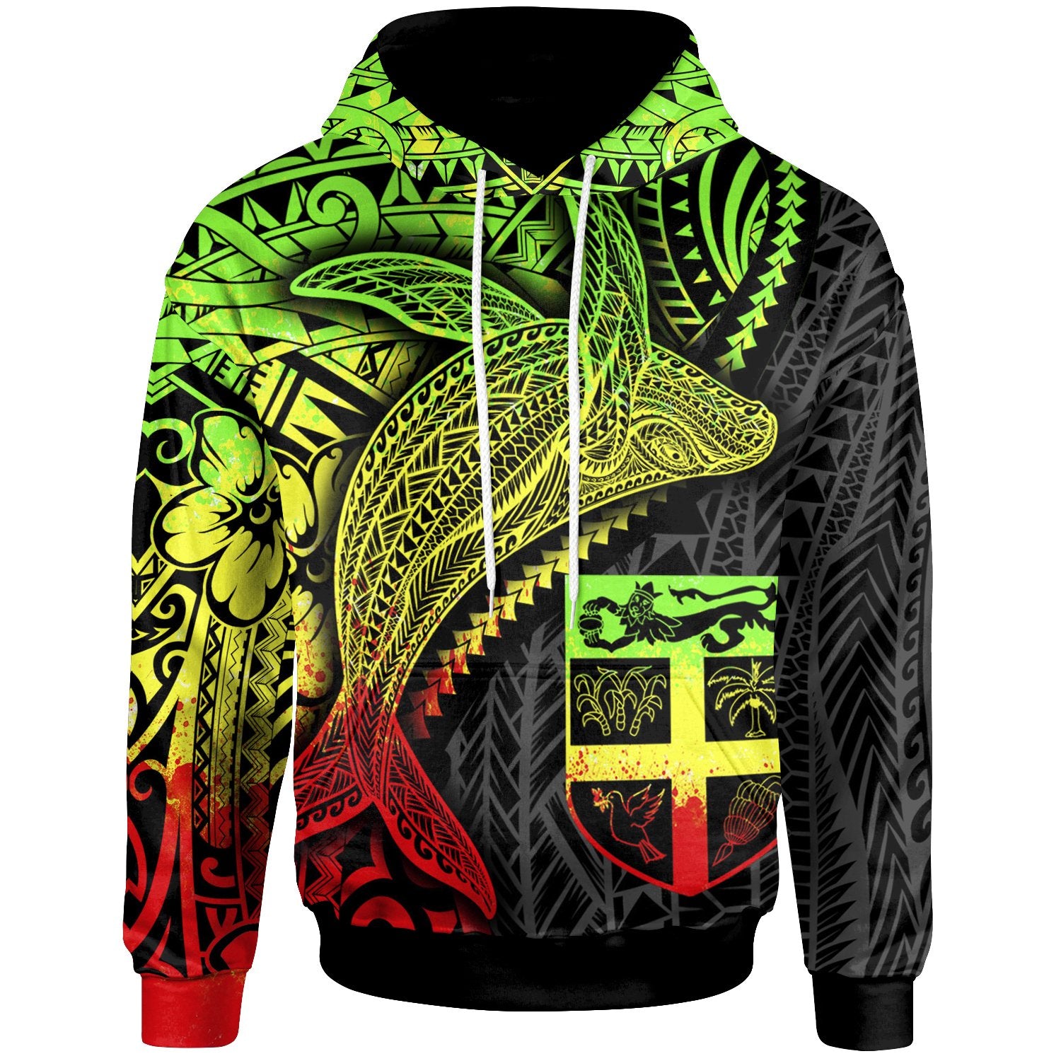 Fiji Hoodie Humpback Whale & Coat of Arms Reggae Unisex Reggae - Polynesian Pride