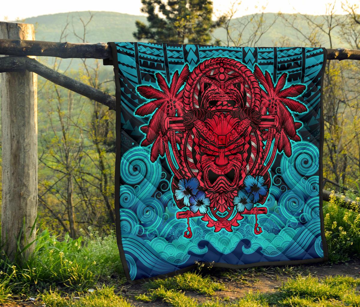 Hawaii Polynesian Premium Quilt - Hawaiian Red Tiki Face (Black Torquoise) - Polynesian Pride