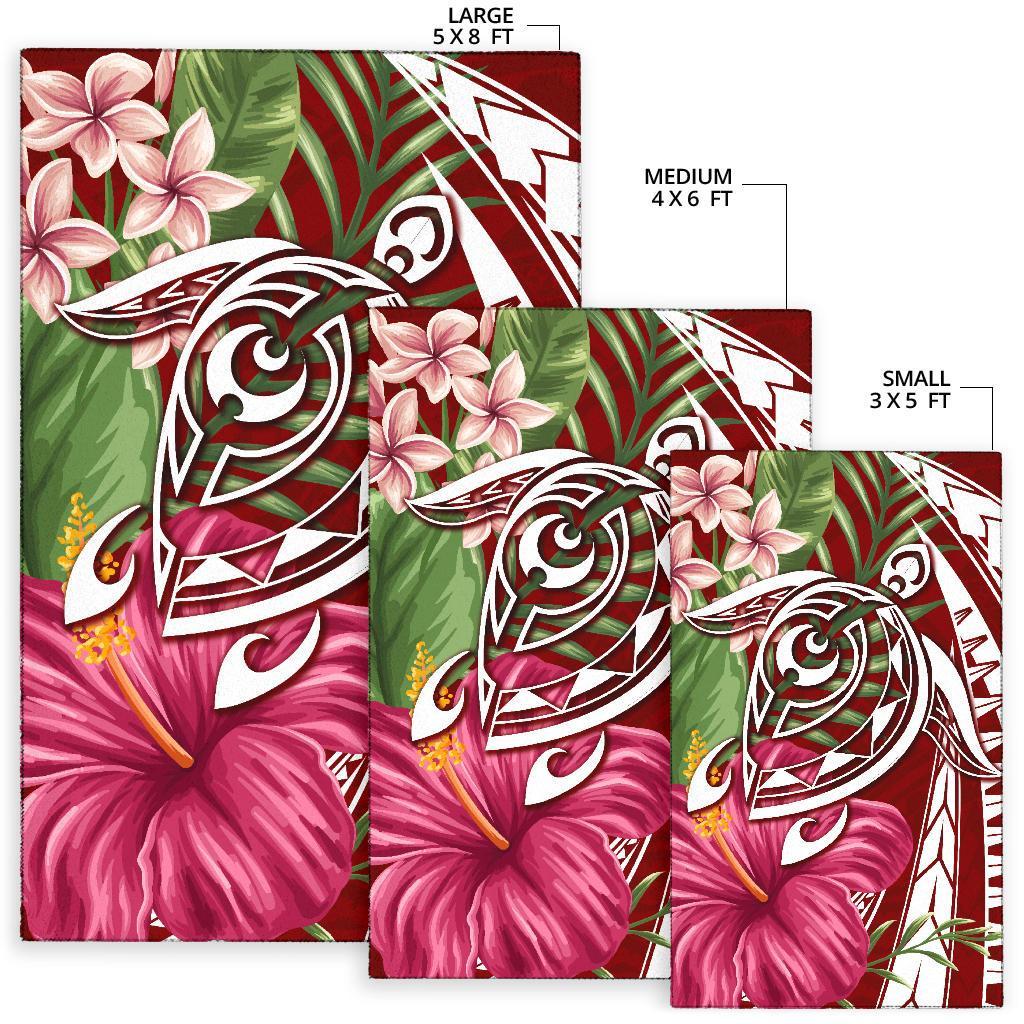 Hawaii Polynesian Turtle Tropical Hibiscus Plumeria Rug - Red - Polynesian Pride