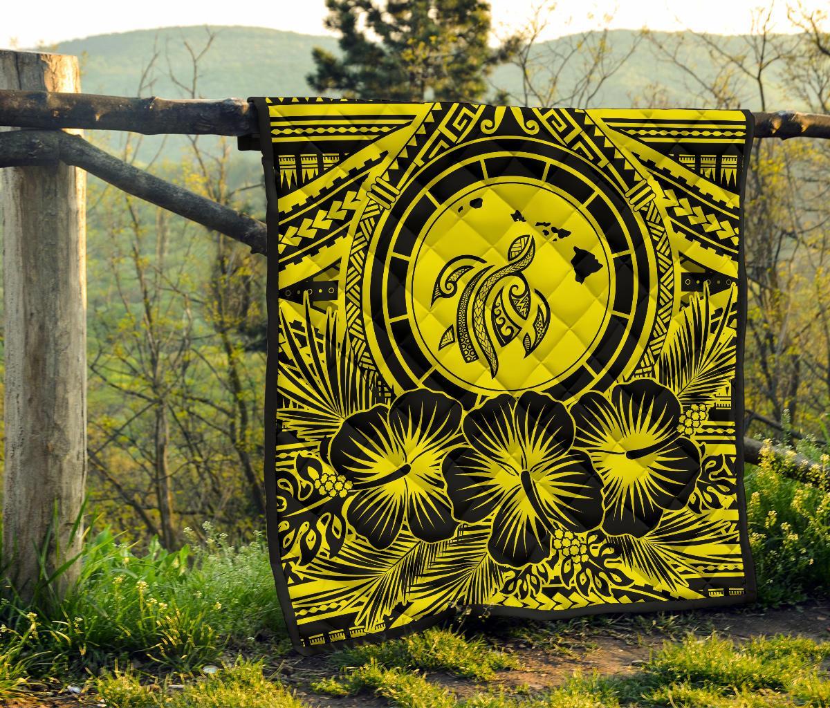 Hawaii Premium Quilt - Hawaii Map Honu Hibiscus Yellow Polynesian Premium Quilt - Polynesian Pride