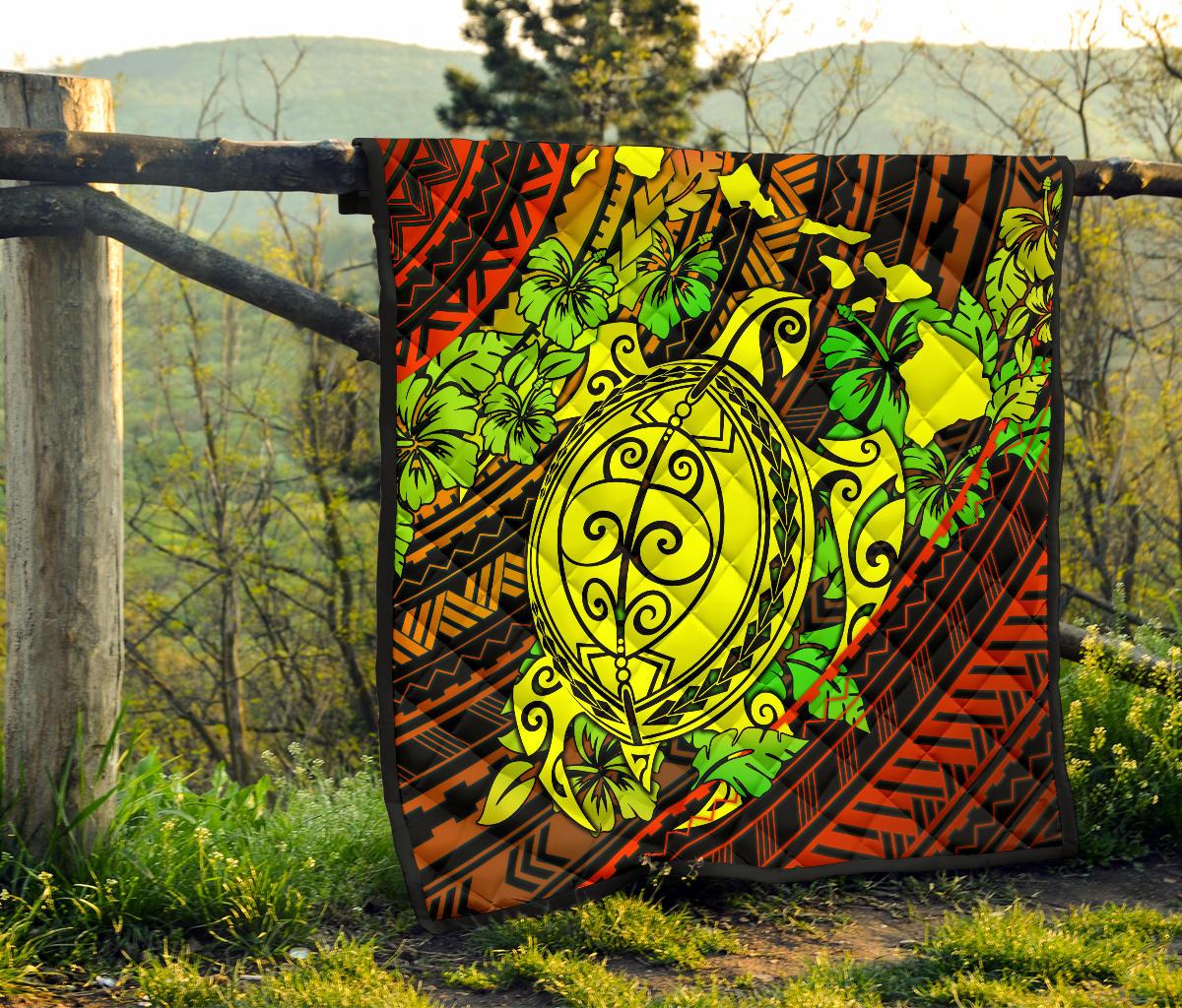 Hawaii Polynesian Premium Quilt - Hawaii Yellow Turtles Map & Green Hibiscus - Polynesian Pride