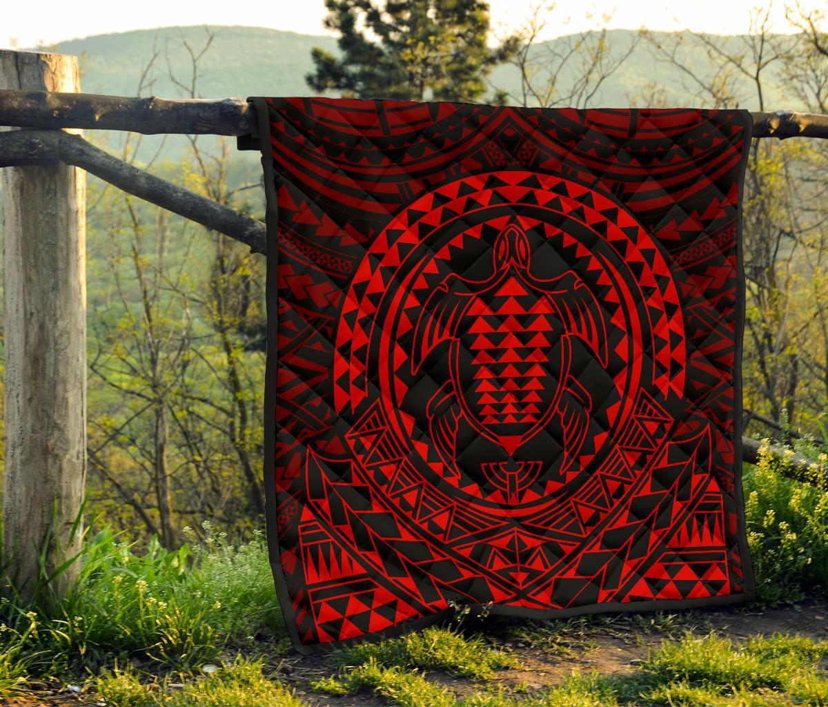 Hawaiian Kakau Honu Arc Red Polynesian Premium Quilt - Polynesian Pride
