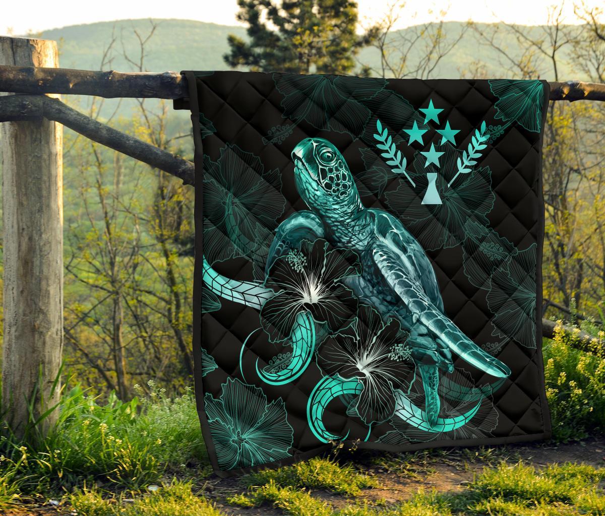 Kosrae Polynesian Premium Quilt - Turtle With Blooming Hibiscus Turquoise - Polynesian Pride