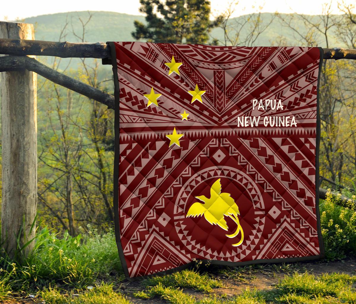 Papua New Guinea Premium Quilt - Flag With Polynesian Patterns (Red) - Polynesian Pride