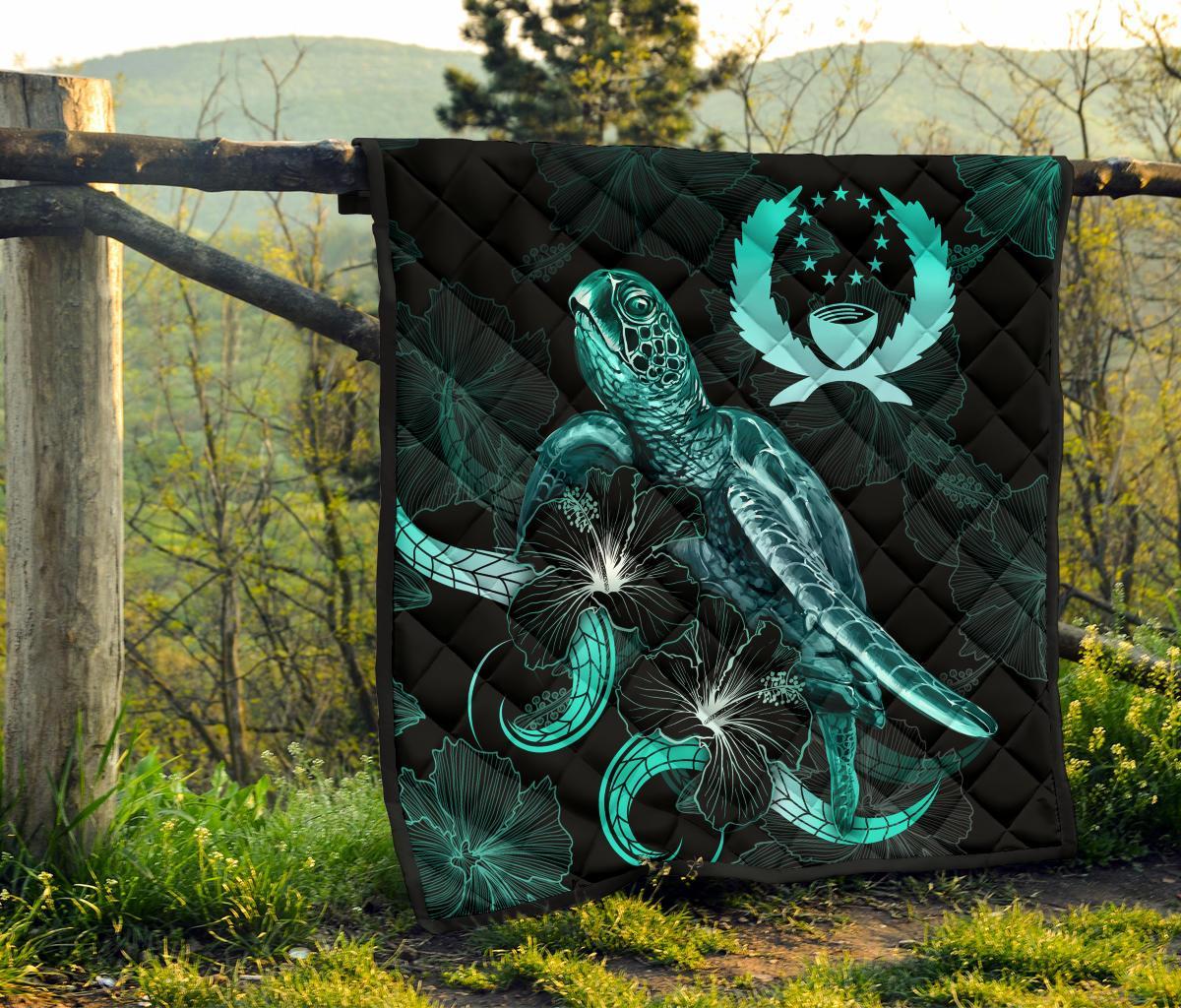 Pohnpei Polynesian Premium Quilt - Turtle With Blooming Hibiscus Turquoise - Polynesian Pride