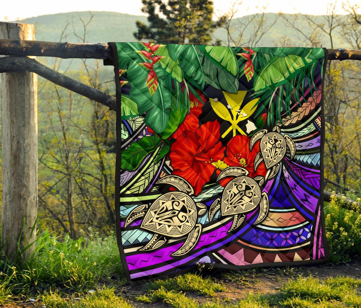 Kanaka Maoli (Hawaiian) Premium Quilt - Polynesian Turtle Colorful And Hibiscus - Polynesian Pride