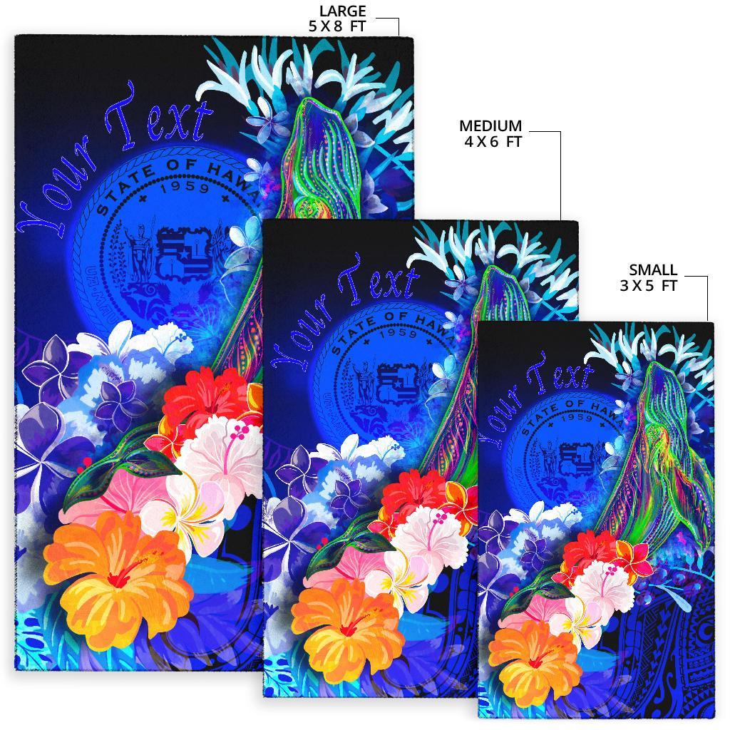 Polynesian Hawaii Custom Personalised Area Rug - Humpback Whale with Tropical Flowers (Blue) - Polynesian Pride