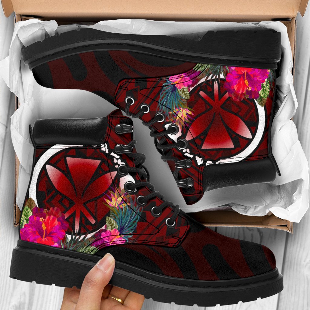 Hawaii All - Season Bootts - Kanaka Maoli With Hibiscus On Polynesian Patterns (Red) Red - Polynesian Pride