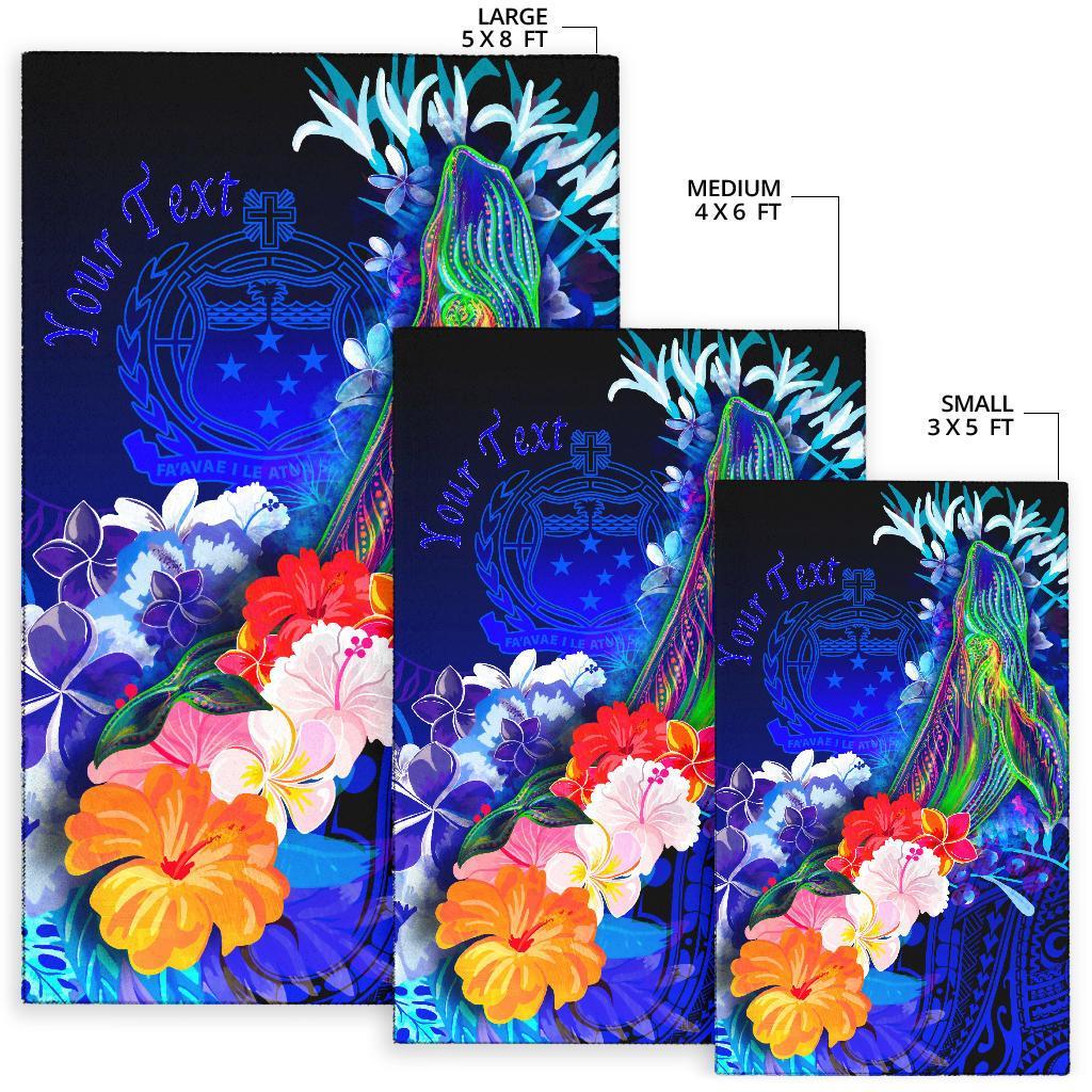Custom Personalised Samoa Area Rug - Humpback Whale with Tropical Flowers (Blue) - Polynesian Pride