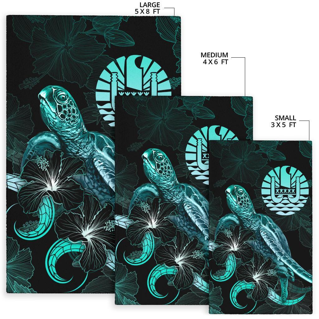 Tahiti Polynesian Area Rugs - Turtle With Blooming Hibiscus Turquoise - Polynesian Pride