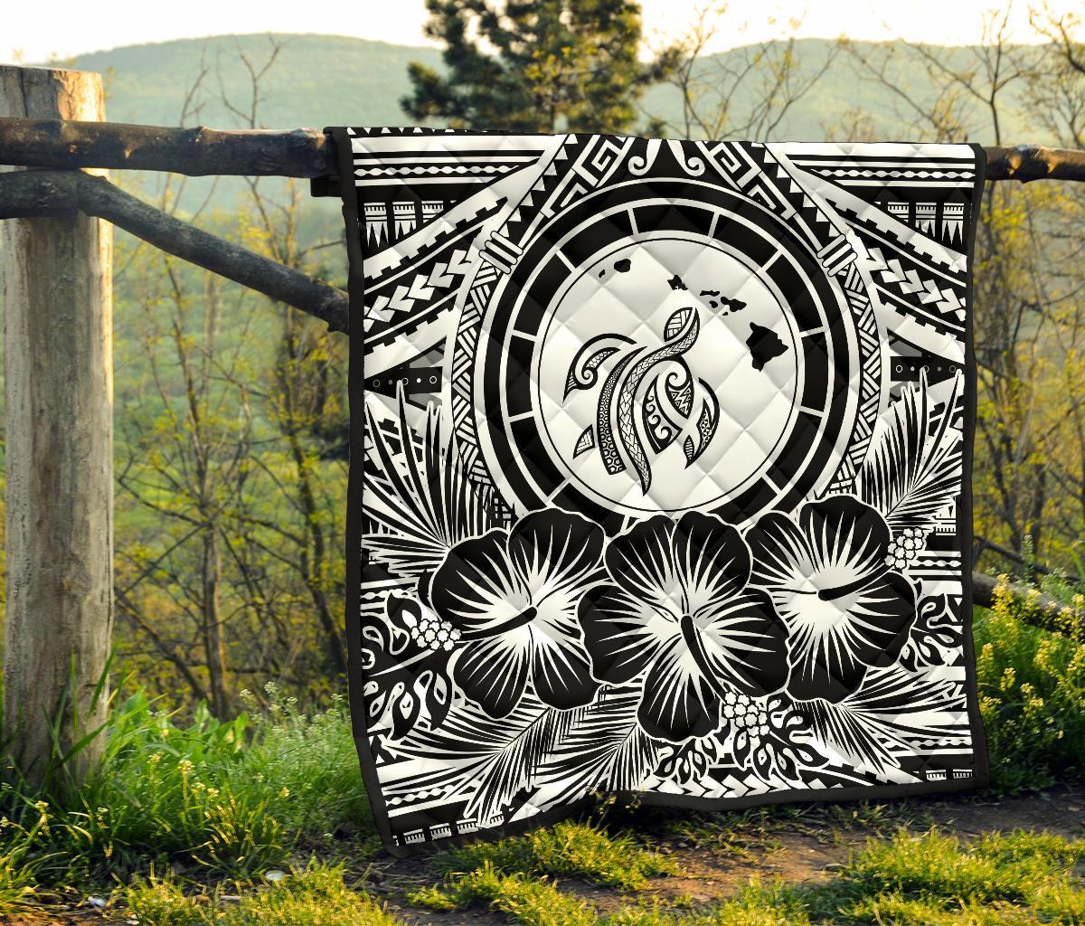 Hawaii Premium Quilt - Hawaii Map Honu Hibiscus White Polynesian Premium Quilt - Polynesian Pride