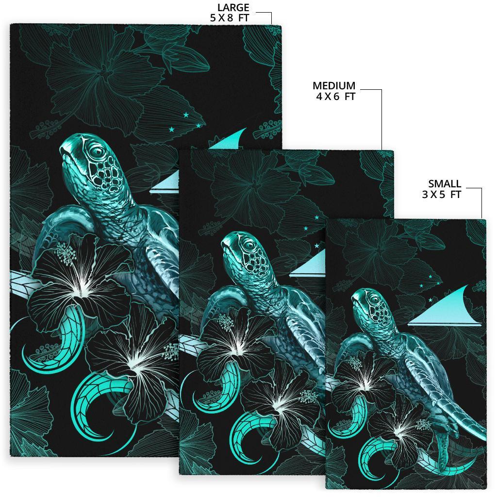 Tokelau Polynesian Area Rugs - Turtle With Blooming Hibiscus Turquoise - Polynesian Pride