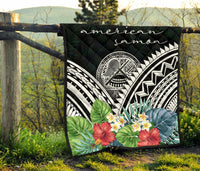 American Samoa Premium Quilt - American Samoa Coat of Arms & Polynesian Tropical Flowers White - Polynesian Pride