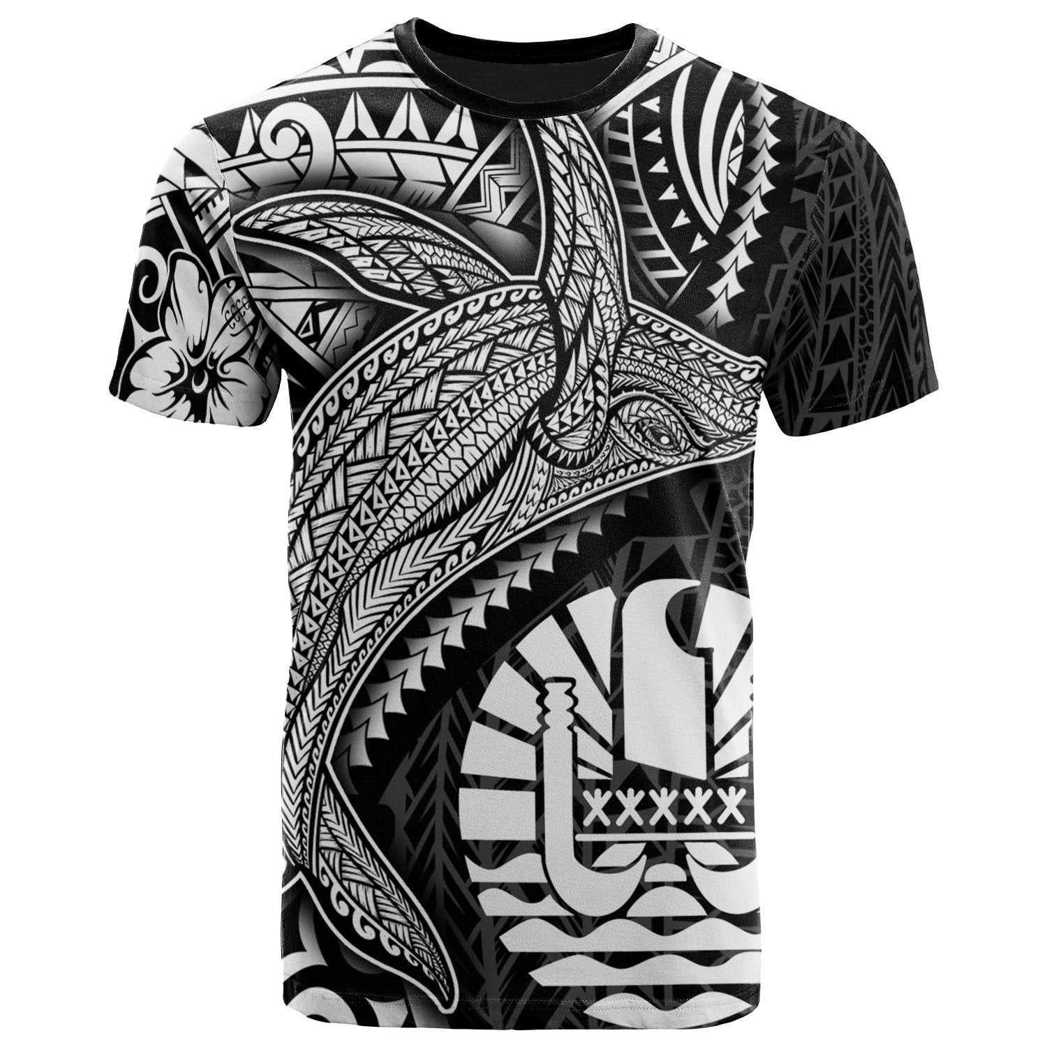 Tahiti T Shirt Humpback Whale & Coat of Arms White Unisex Art - Polynesian Pride