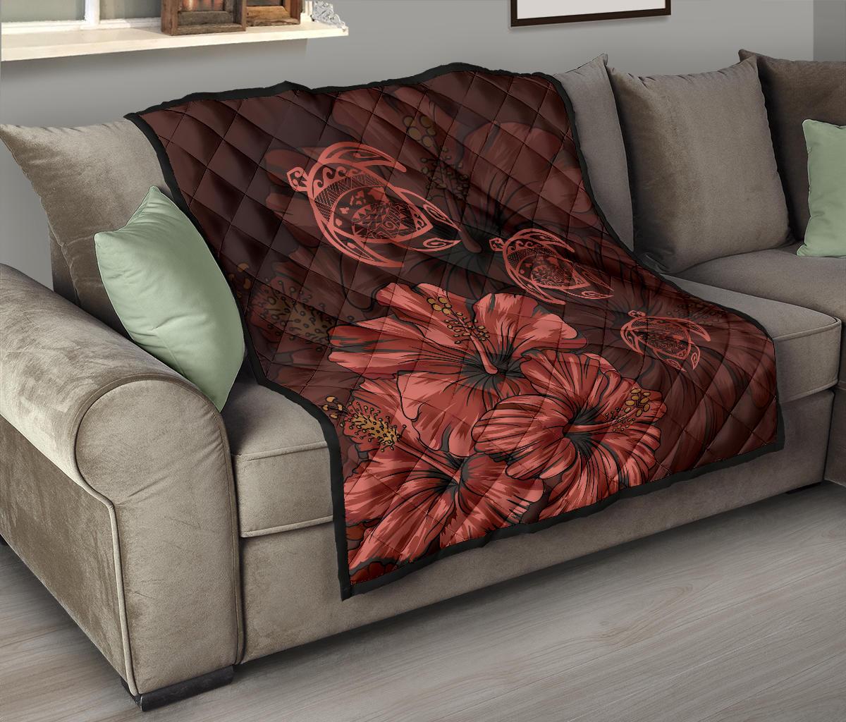 Hawaiian Map Hibiscus Turtle Vintage Polynesian Premium Quilt Red - Polynesian Pride