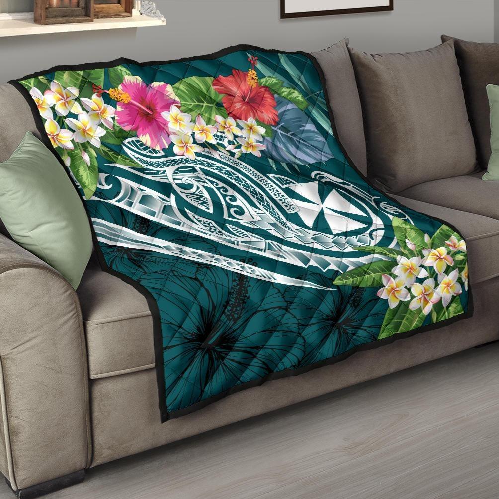 Wallis and Futuna Polynesian Premium Quilt - Summer Plumeria (Turquoise) Turquoise - Polynesian Pride