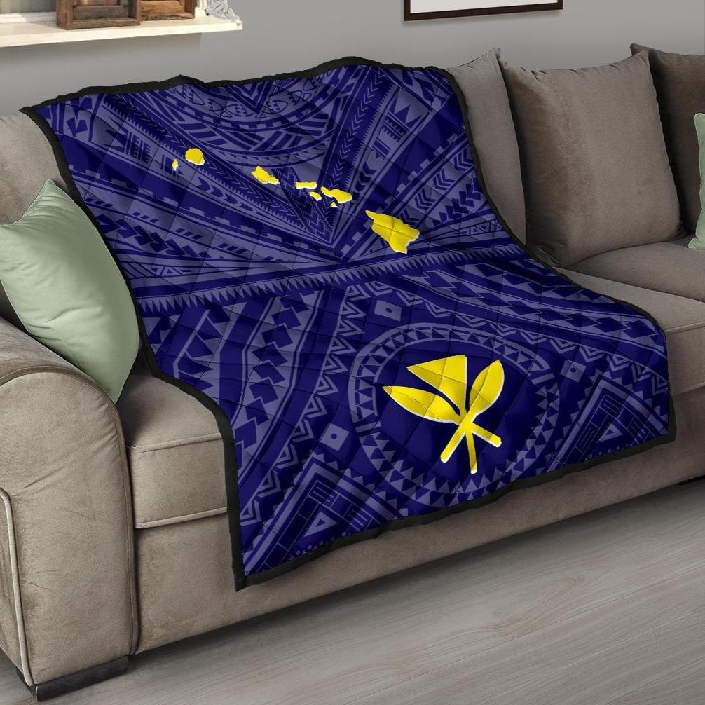 Hawaii Premium Quilt - Hawaii Kanaka Maoli And Map ( Blue) Blue - Polynesian Pride