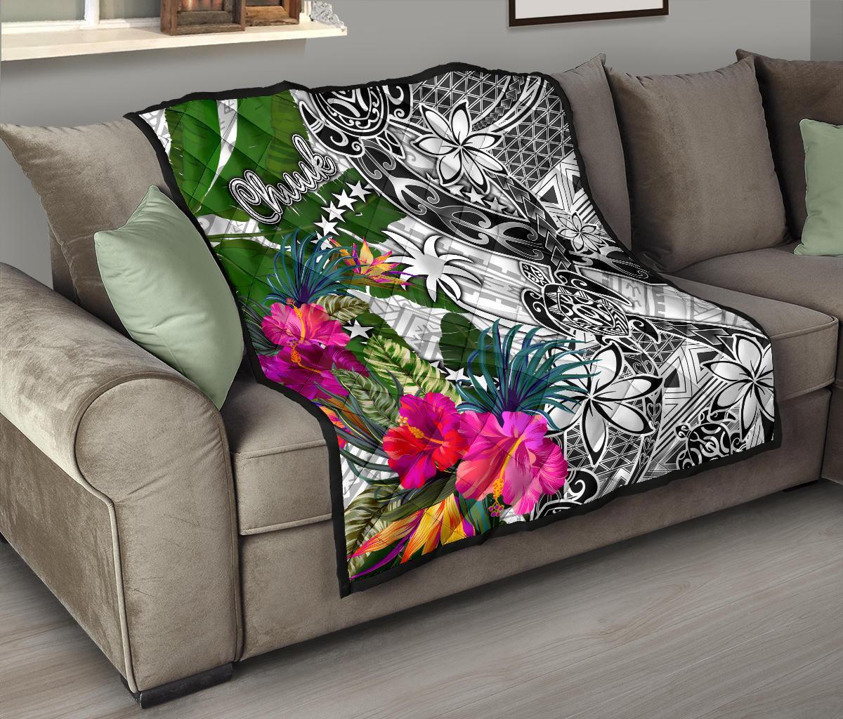 Chuuk Premium Quilt White - Turtle Plumeria Banana Leaf - Polynesian Pride