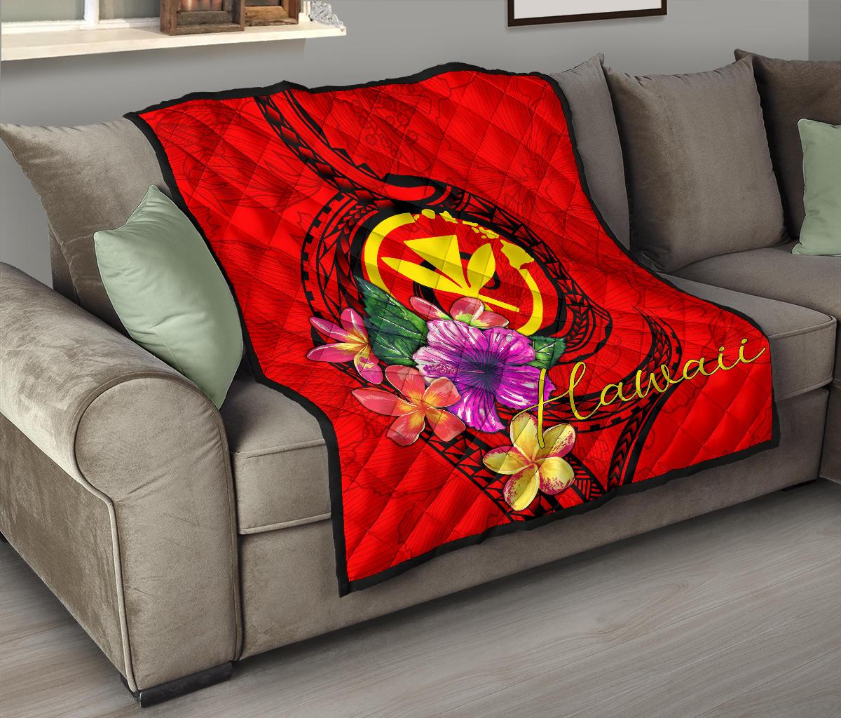 Hawaii Polynesian Premium Quilt - Floral With Seal Red - Polynesian Pride